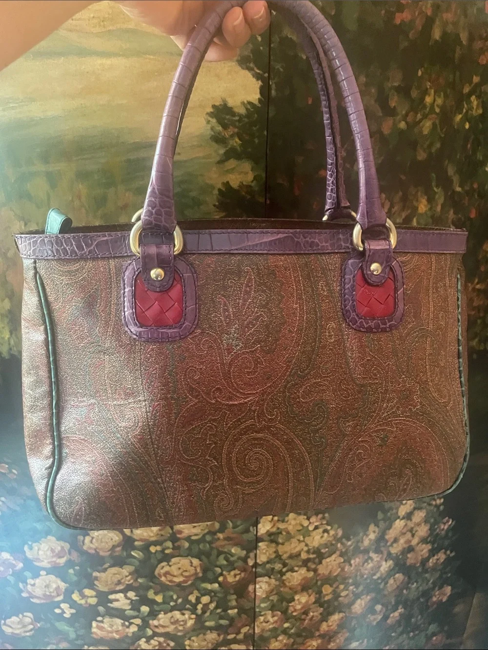 ETRO MILANO Vintage Brown Satchel with Purple Handles and Red Front Pockets